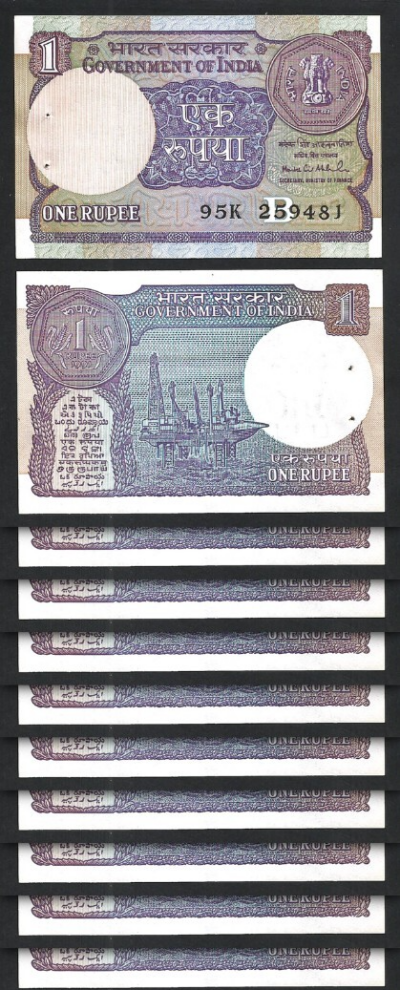 India 1 Rupee 1991, UNC, 10 PCS LOT, P-78Ag, Letter B