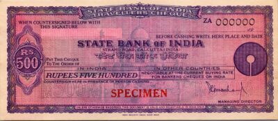 India SPECIMEN, Traveller Cheque, 500 Rupees, UNC