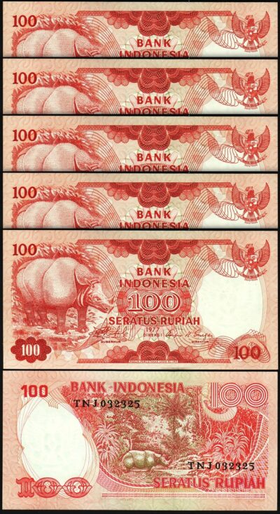 Indonesia 100 Rupiah 1977, UNC, 5 Pcs LOT, Consecutive,P-116,Javanase Rhinoceros