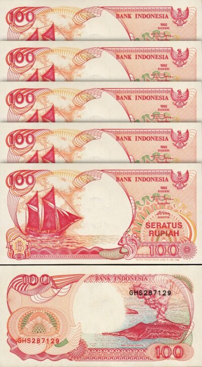 Indonesia 100 Rupiah 1992 1999, UNC, 5 Pcs LOT, P-127g