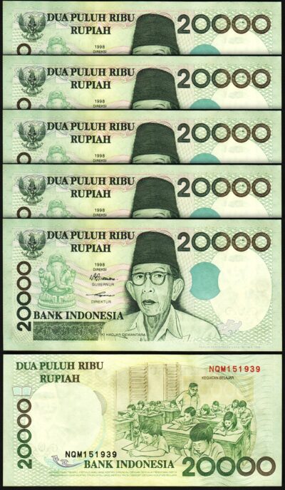 Indonesia 20000 Rupiah 1998 2001, UNC, 5 Pcs LOT, Consecutive, P-138d