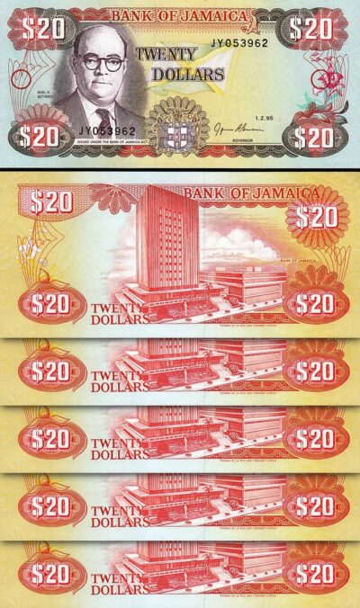 Jamaica 20 Dollars 1995, UNC, 5 Pcs LOT, Consecutive, P-72e