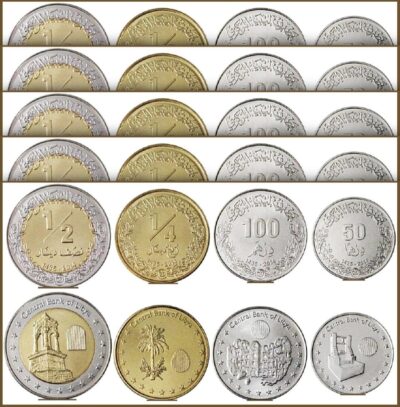 Libya 5 (x) 4 COINS SET, 50 100 (Dirhams) 1/4 1/2 Dinar 2014, UNC, BIMETALLIC