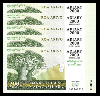 Madagascar 2000 Ariary 2007 2012, UNC, 5 PCS LOT Consecutive, Commemorative P-93