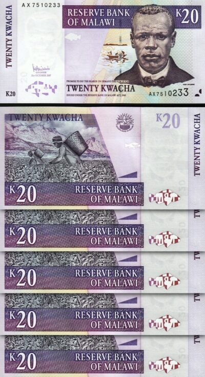 Malawi 20 Kwacha 2007, UNC, 5 Pcs LOT, P-52c, Prefix AX