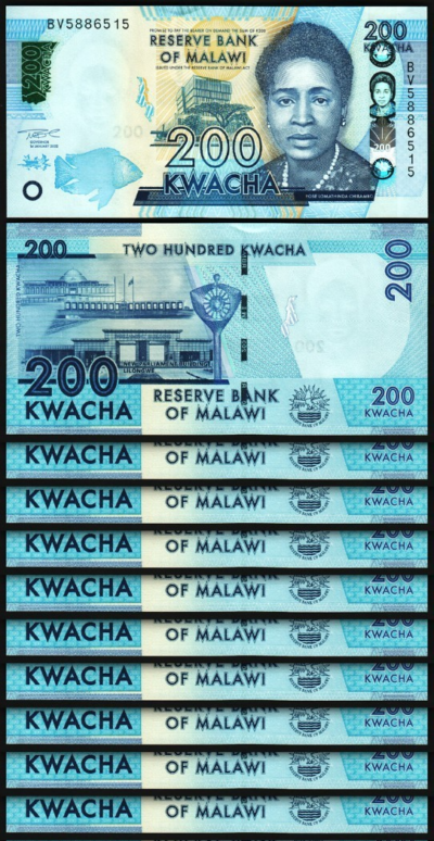 Malawi 200 Kwacha 2022, UNC, 10 Pcs LOT, Consecutive, P-65Af