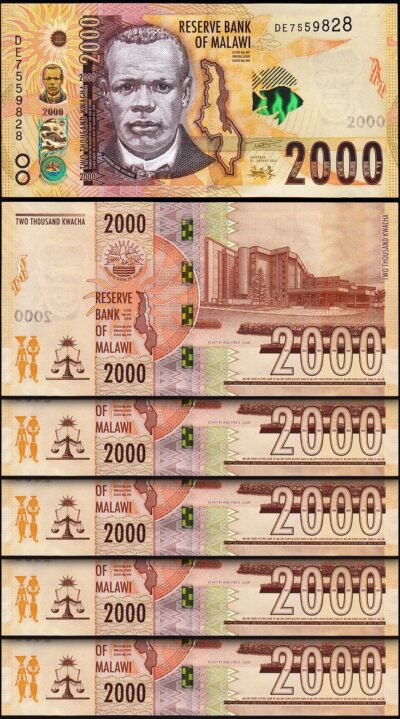 Malawi 2000 Kwacha, 2024 2025, UNC, 5 Pcs LOT, Consecutive, P-70c NEW DATE