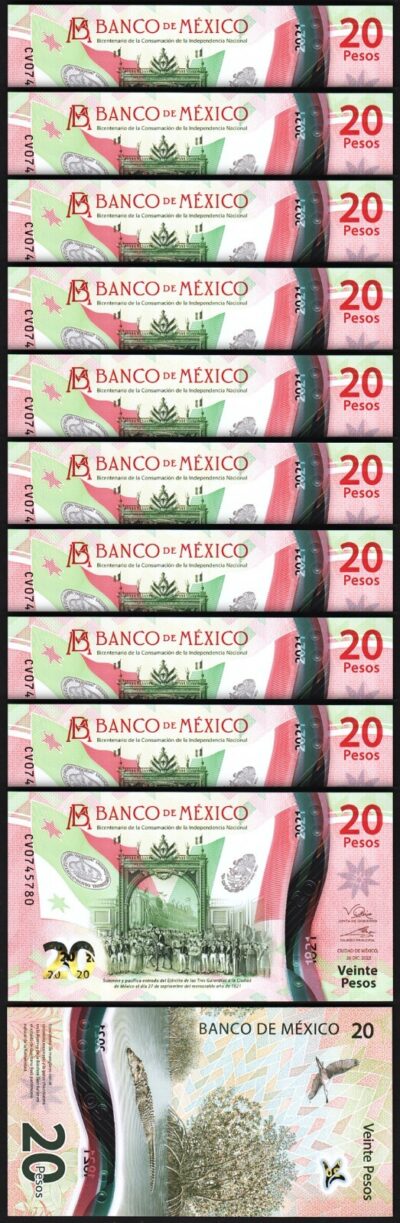 Mexico 20 Pesos 2022, UNC, 10 Pcs LOT, Polymer, Comm, P-New Date