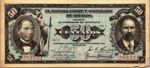 Mexico Sinaloa 50 Centavos 1915, Fine- Condition, P-S1047