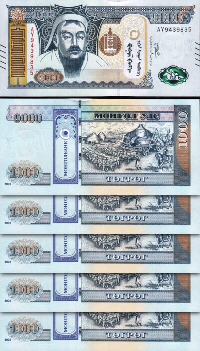 Mongolia 1000 Tugrik 2020, UNC, 5 Pcs LOT, P-75