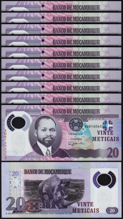 Mozambique 20 Meticais 2017, UNC, 10 Pcs LOT, Consecutive, Polymer, P-149