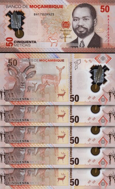 Mozambique 50 Meticais 2024, UNC, 5 Pcs LOT, Consecutive, Polymer, P-156