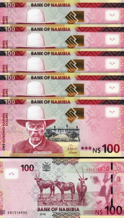 Namibia 100 Dollars 2018, UNC, 5 Pcs LOT, Consecutive, P-14b