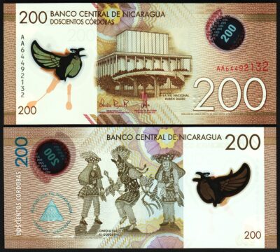 Nicaragua 200 Cordobas 2022 - 2023, UNC, P-213, Polymer, Prefix AA