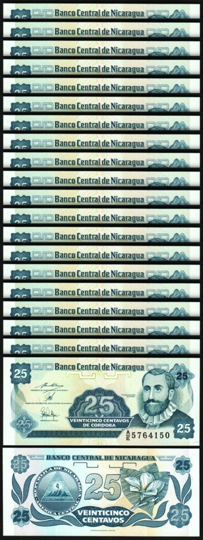 Nicaragua 25 Centavos 1991, UNC, 20 Pcs LOT, Consecutive, P-170