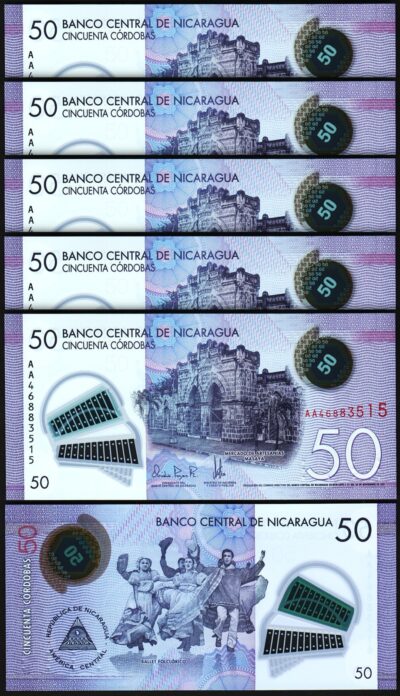 Nicaragua 50 Cordobas 2021 - 2023, UNC, 5 Pcs LOT, Polymer, P-211. Prefix AA