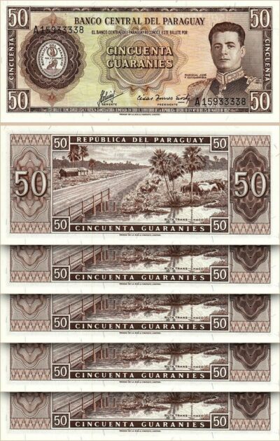Paraguay 50 Guaranies 1952, UNC, 5 Pcs LOT, Consecutive, P 197b, Prefix A