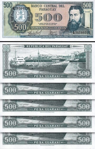 Paraguay 500 Guaranies 1952, UNC, 5 Pcs LOT, P-206, Prefix A, Printer TDLR