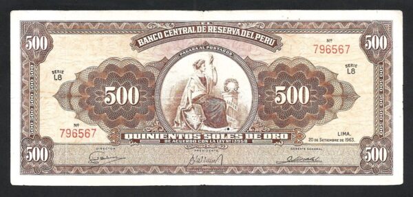 Peru 500 Soles de Oro 1963, VF, P-87, With Pinholes