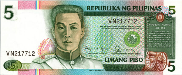 Philippines 5 Piso 1985-1994, RADAR 217712, UNC, P-168