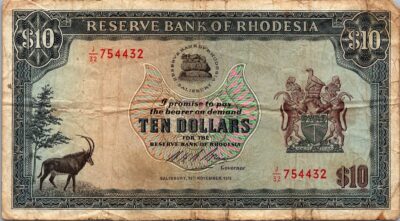 Rhodesia 10 Dollar 19 November 1975, Fine Condition, P-33h