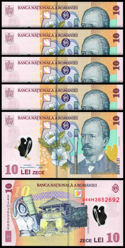 Romania 10 Lei  2018 2024, UNC, 5 Pcs LOT, Consecutive, POLYMER, P-119