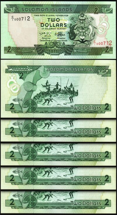 Solomon Islands 2 Dollars 1997, UNC, 5 Pcs LOT, LOW Serial, 0007**, C/I, P-18