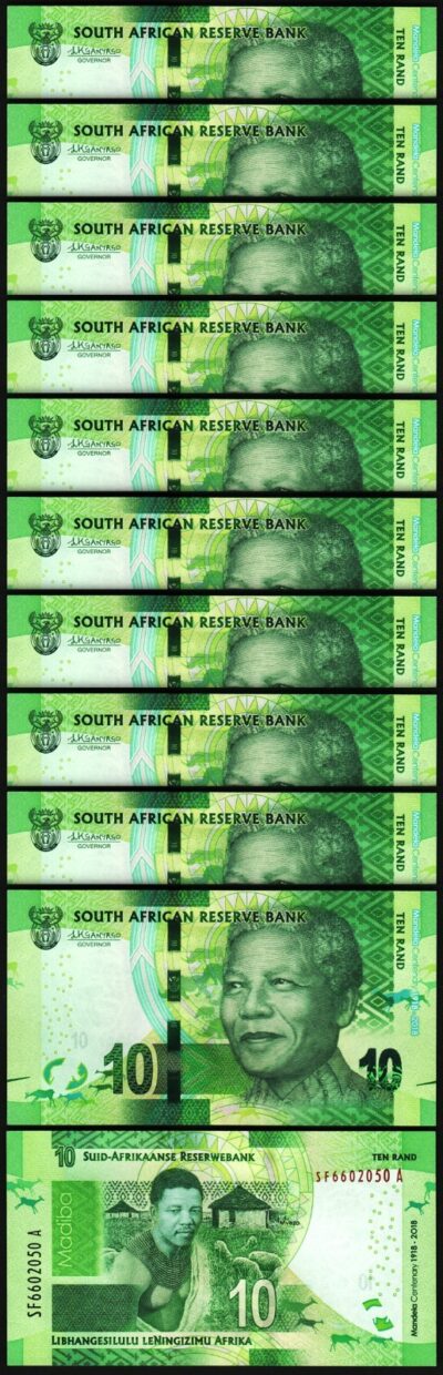 South Africa 10 Rand 2018, UNC, 10 Pcs LOT, Comm, P-143 Nelson Mandela