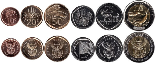 South Africa 6 Pcs UNC COINS Set, 10 20 50 Cent 1 2 5 Rand 2023 2024
