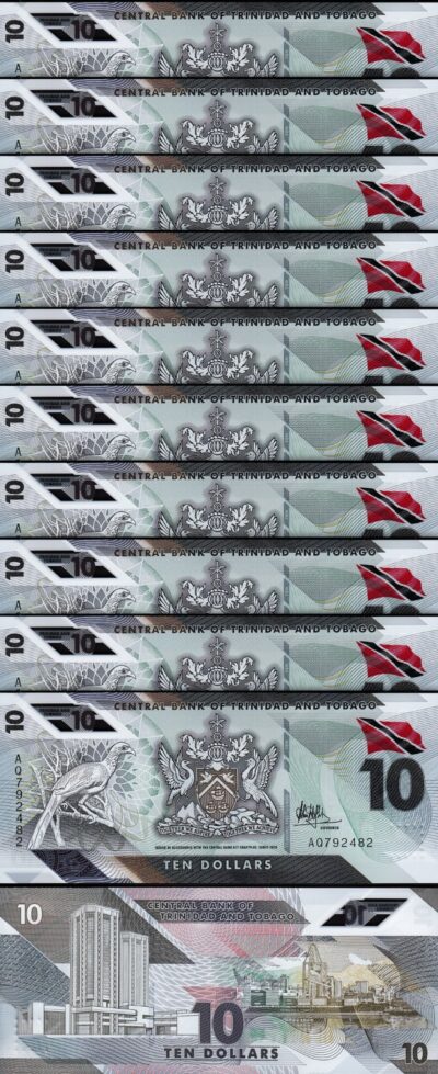 Trinidad Tobago 10 Dollars, 2020 2021, UNC, 10 Pcs LOT, Consecutive,P-New Design