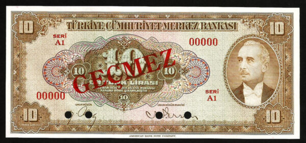 Turkey 10 Lira 1930 (1948), UNC Specimen, P-148s, Serial A1 00000, INONU
