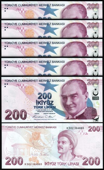 Turkey 200 Lira 2009 - 2026, UNC, 5 Pcs LOT, Prefix K, P-227, NEW DATE