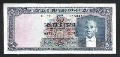 Turkey 5 Lira 1930 1961, XF Condition, 5.th Emission, P-173a