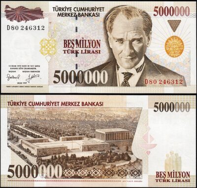 Turkey 5000000, 5 Million Lira 1970 - 1997, UNC, P-210b, Prefix D 80
