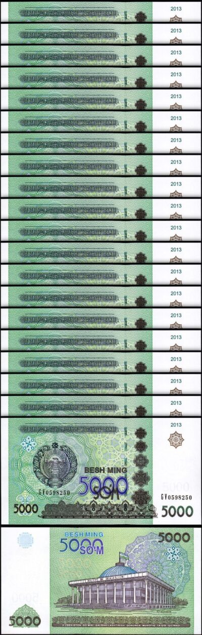 Uzbekistan 5000 Sum 2013, UNC, 20 Pcs LOT, Consecutive, P-83