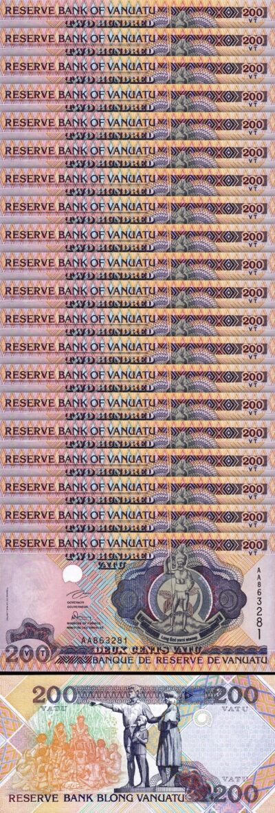 Vanuatu 200 Vatu 1995, UNC, 20 Pcs LOT, P-8a, Prefix AA