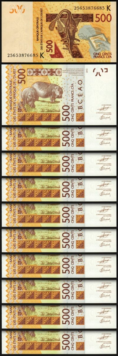 W.A.S, SENEGAL, 500 Francs 2012- 2025, UNC, 10 Pcs LOT, Consecutive, P-719Kn NEW