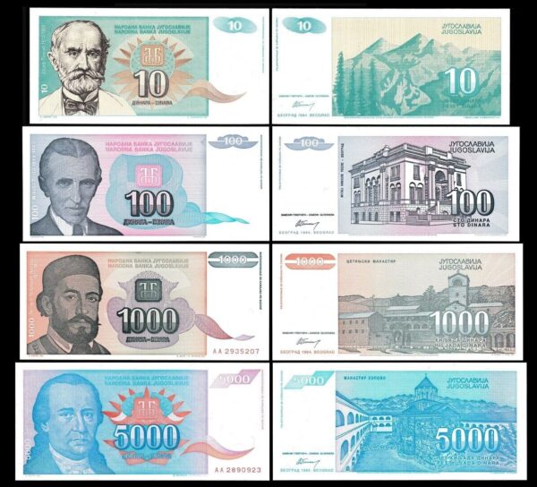 Yugoslavia 4 Pcs Set, 10 100 1000 5000 Dinars 1994, UNC, P-138 139 140 141