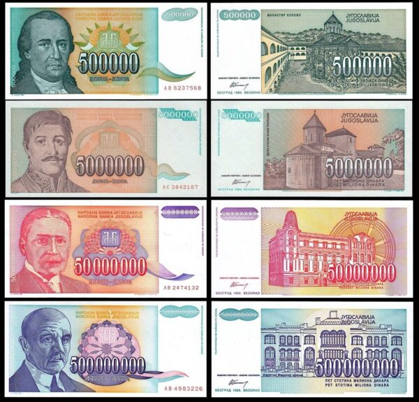 Yugoslavia 4 Pcs UNC Set, 500000 5000000 50000000 500000000 Dinars 1993