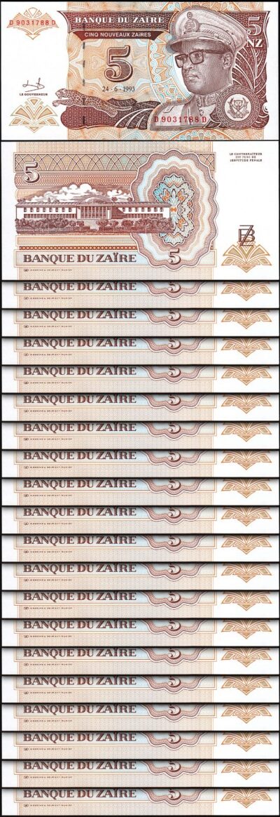 Zaire 5 Nouveaux Zaires 1993, UNC, 20 Pcs LOT, Consecutive, P-53a, Large