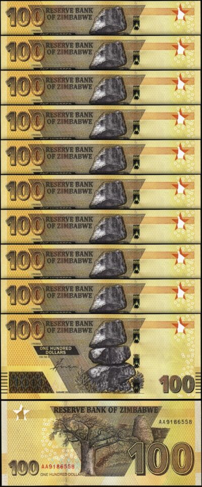 Zimbabwe 100 Dollars 2020 (2022), UNC, 10 Pcs LOT, P-New Design, Prefix AA