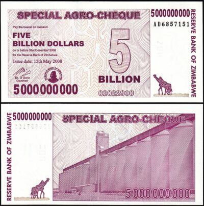 Zimbabwe 5,000,000,000 5000000000 5 Billion Dollars 2008, UNC, P-61, Agro Cheque