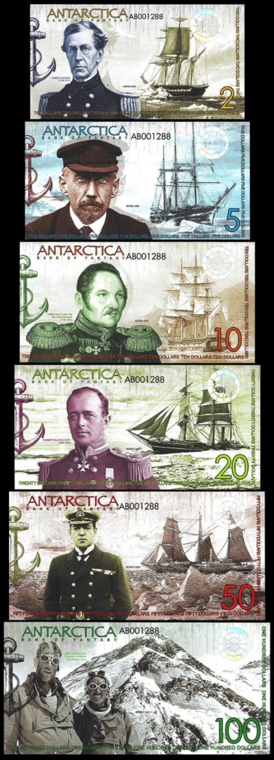 Antarctica 6 Pcs Set, 2 5 10 20 50 100 Dollars 2025 UNC, Matching Serial