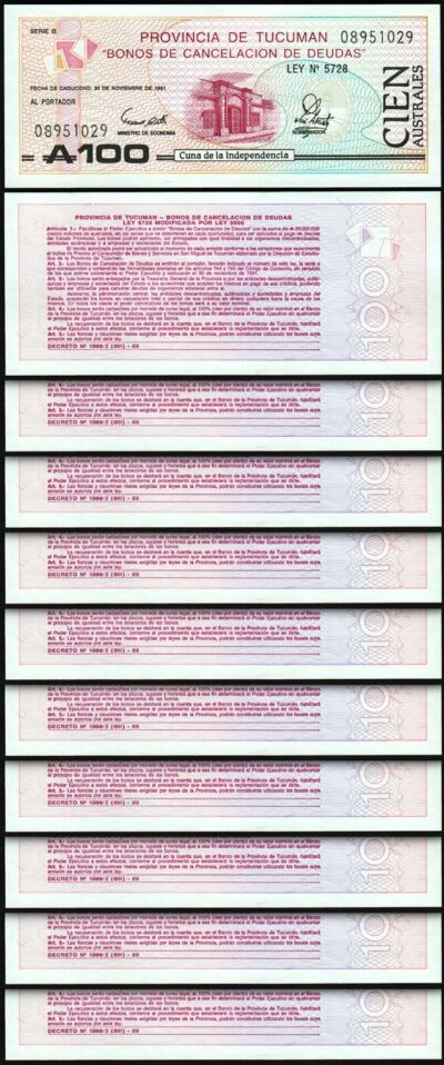 Argentina 100 Australes Povincia de Tucuman 1991, UNC, 10 Pcs LOT, P-S2715