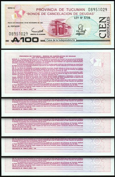 Argentina 100 Australes Povincia de Tucuman 1991, UNC, 5 Pcs LOT, P-S2715