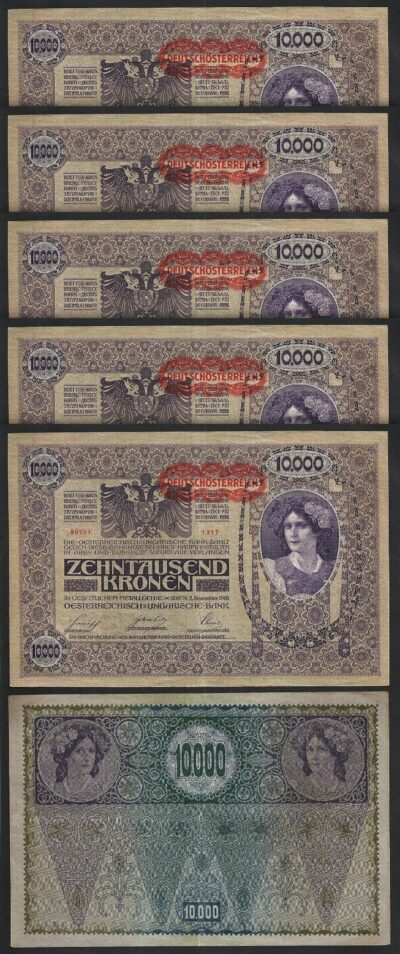Austria 10000 Kronen 1918, aVF, 5 Pcs LOT, P-65, Circulated, Some Tears