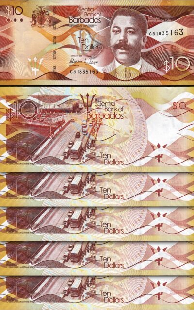 Barbados 10 Dollars, 2018, UNC, 5 Pcs LOT, Consecutive, P-75c