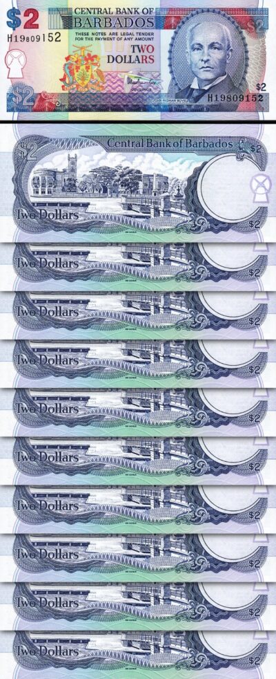 Barbados 2 Dollars, 1998, UNC, 10 Pcs LOT, P-54a