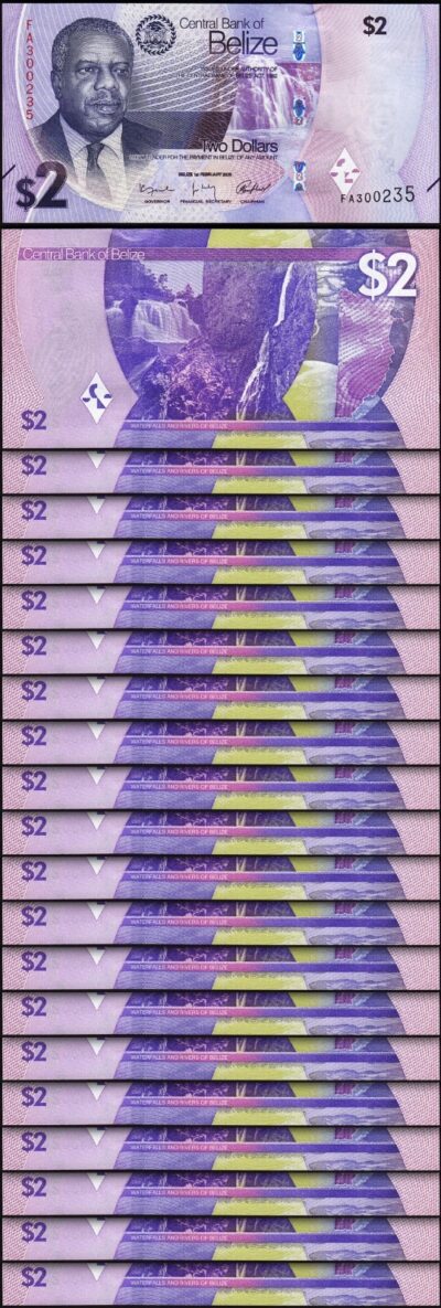 Belize 2 Dollars 2025, UNC, 20 Pcs Consecutive LOT, P-73,  New Design