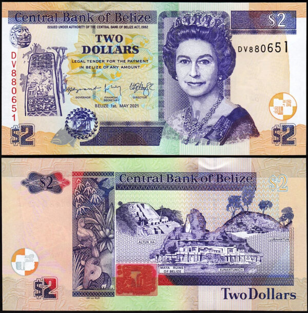 Belize 5 PCS SET, 2 5 10 20 50 Dollars 2020 2022, UNC, P-66 67 68 69 70, QEII - Image 7